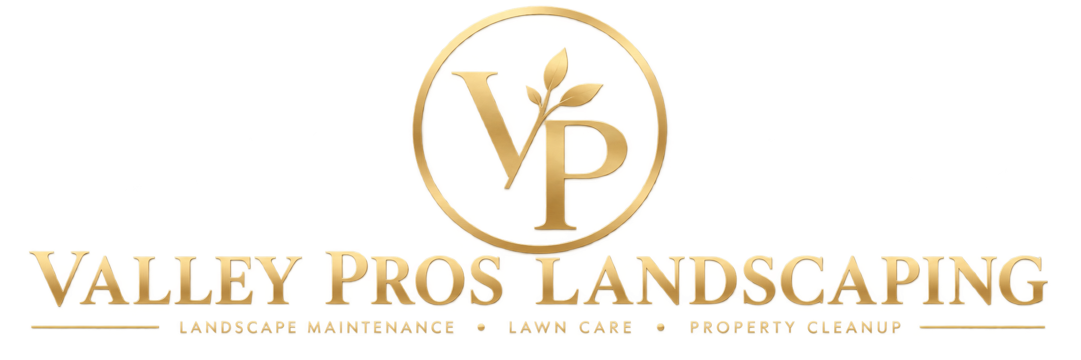 Official gold VP botanical emblem and Valley Pros Landscaping wordmark with landscape maintenance, lawn care and property cleanup service line